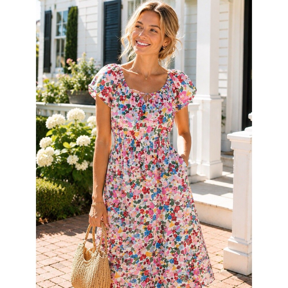 J Crew Midi Floral Smocked Waist Dress Multicolor Cotton Summer CS894 Womens M